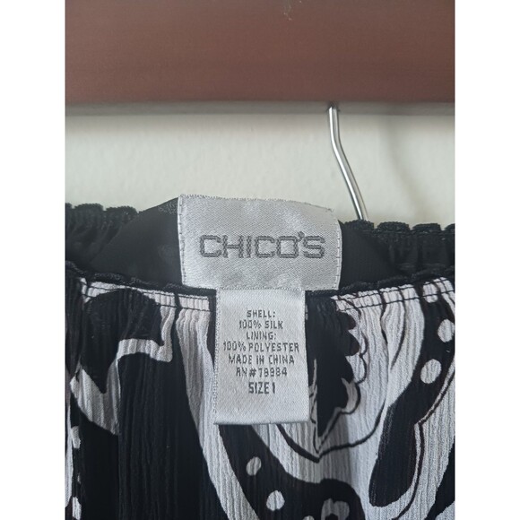 Chico's Peasant Boho Silk Maxi Skirt Size 1 ( S/M )Black White Ruffle Hem - Picture 2 of 7